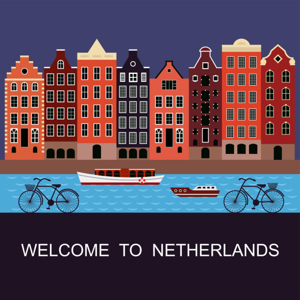 Welcome to Netherlands. Flat cartoon multicolor colorful historic buildings city town Amsterdam, Holland. Welcome to Netherlands. Canal stock illustrations