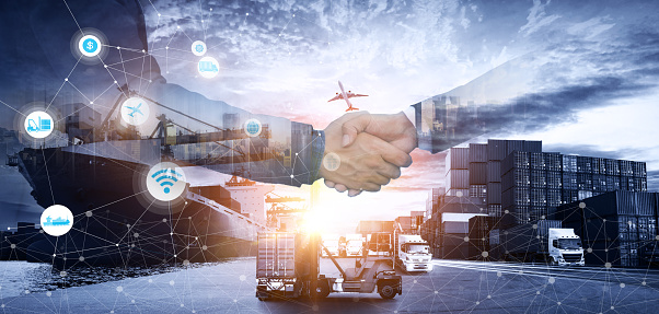 Business people shaking hands, success business of Logistics Industrial Container Cargo freight ship for Concept of fast or instant shipping, Online goods orders worldwide