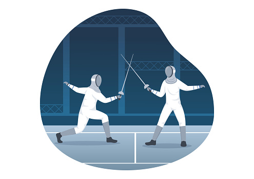 Fencing Player Sport Illustration with Fencer Fighting on Piste and Sword Duel Competition Event in Flat Cartoon Hand Drawn Templates