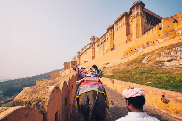 Amer, India - November 2, 2019: First person FPV point of view POV of tourists riding elephants on ascend to Amer (Amber) fort, Rajasthan, India. Amer fort is famous tourist destination and landmark