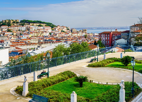 Lisbon, Portugal, October 26, 2016: Scenic view of Lisbon from Miradouro de Sao Pedro de Alcantara observation deck