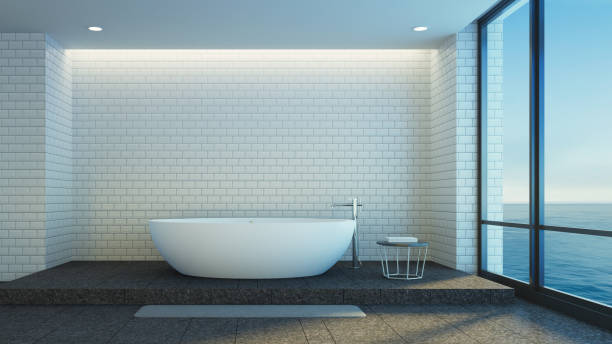 istock Moderm luxury bathroom sea view - 3D rendering 1455621378
