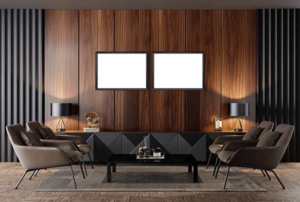 istock Black Luxury modern retro-style living room with blank image frames for your design 1455622789