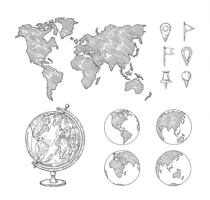 Sketch globe maps. Hand drawn earth lands, doodle world map with continents and oceans. Geography vector illustration set. Elements for education, geography lessons at school, studying planet