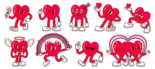 Heart character. Love mascot hearts with cute faces, cartoon feets and hand gestures. Romantic feelings vector illustration set. Cheerful characters with flower, rainbow, angel with nimbus