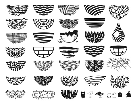 Set icons Birds Nest for a logo or emblem in the technique of sketching. Vector graphics. Funny birds and eggs.