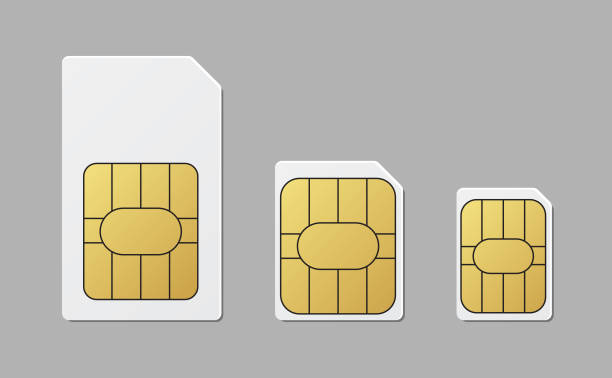 Sim card size in standard, micro and nano mobile phone technology network connection Three different sim card size standard or normal, micro and nano used in mobile phone. Vector graphic design. sim cards stock illustrations