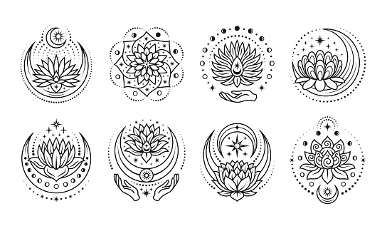 Mystic lotus elements. Spirit flower line tattoo template. Boho style symbols, india henna yoga design. Celestial magic tidy vector graphic art of symbol tattoo flower illustration