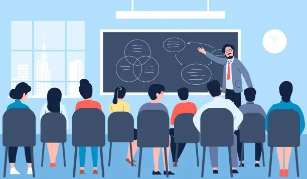 Vector illustration of Lecture teaching company. Speakers course or curriculum, business conference presentation. School students classroom or hall, recent vector lesson