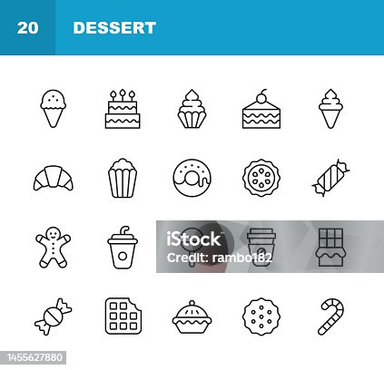 istock Dessert Line Icons. Editable Stroke. Contains such icons as Apple Pie, Baking, Birthday, Biscuit, Brownie, Cake, Candy, Cookie, Cooking, Croissant, Dessert, Doughnut, Food, Ice Cream, Lollipop, Pie, Popcorn, Restaurant, Sugar, Waffle Chocolate. 1455627880