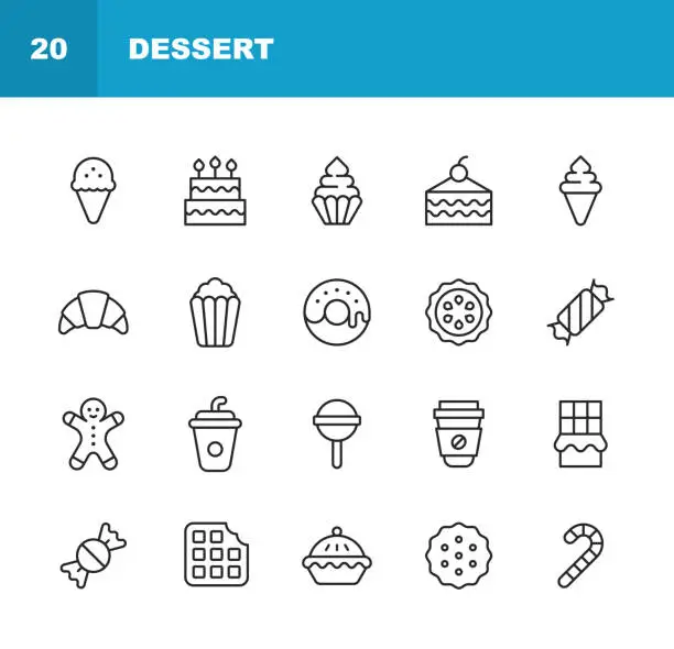 Vector illustration of Dessert Line Icons. Editable Stroke. Contains such icons as Apple Pie, Baking, Birthday, Biscuit, Brownie, Cake, Candy, Cookie, Cooking, Croissant, Dessert, Doughnut, Food, Ice Cream, Lollipop, Pie, Popcorn, Restaurant, Sugar, Waffle Chocolate.