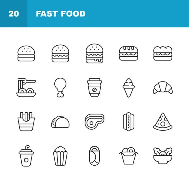 Vector illustration of Fast Food Line Icons. Editable Stroke. Contains such icons as Breakfast, Cake, Cheeseburger, Chicken, Croissant, Dessert, Drink, Food Delivery, Fries, Hamburger, Hot Dog, Ice Cream, Pasta, Pizza, Popcorn, Sandwich, Sausage, Soda, Steak, Taco, Takeout.