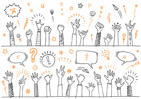 Black hand drawn doodles of hands up in protest or celebration drawings vector illustration comic book style
