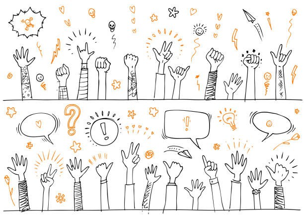 Crowd of raised protesting hands and arm sketches Black hand drawn doodles of hands up in protest or celebration drawings vector illustration comic book style black and white party stock illustrations