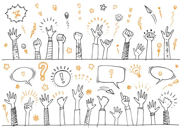 Vector illustration of Crowd of raised protesting hands and arm sketches