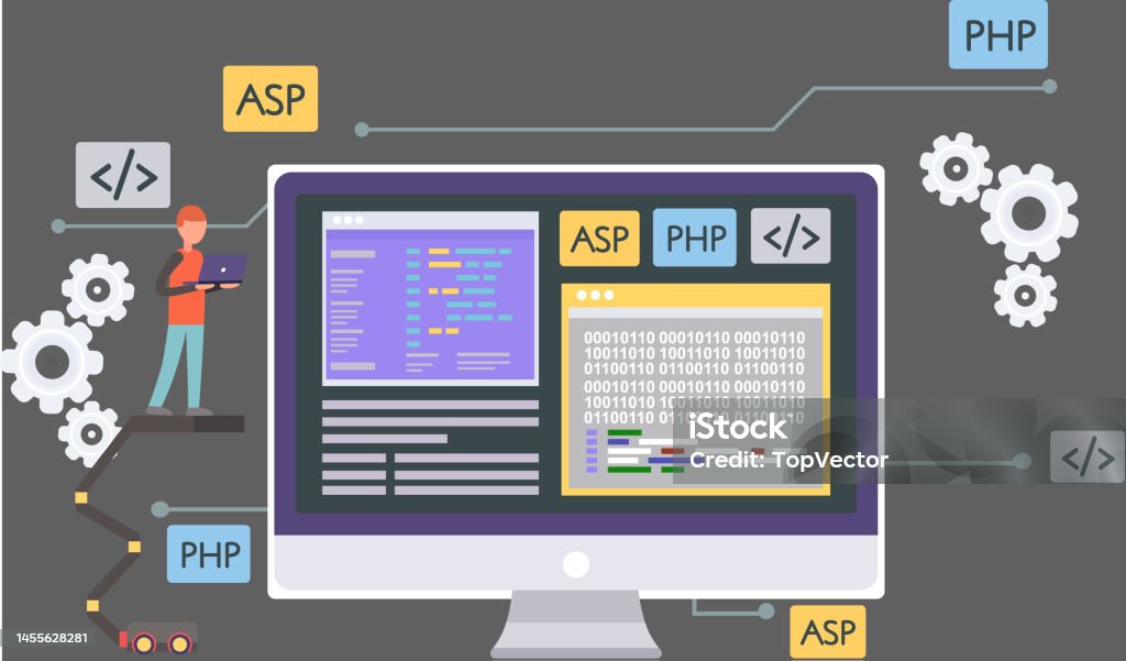 Workplace Of Office Worker Programmer Code Screen Desktop With Computer ...