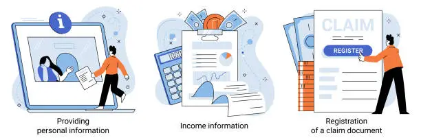 Vector illustration of Registration of claim form document, providing personal information, income information vector set