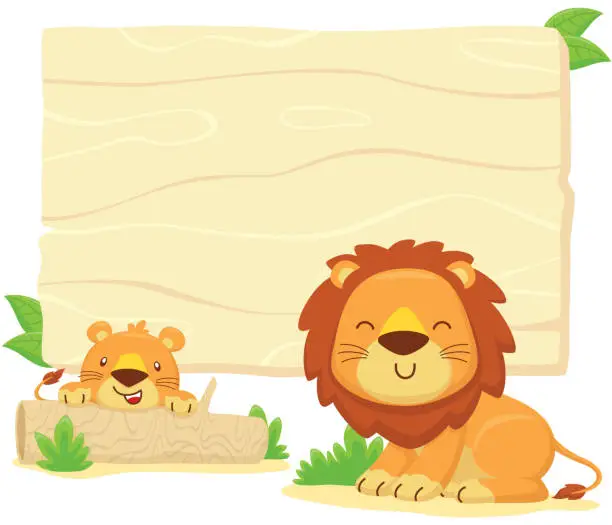 Vector illustration of Vector illustration of blank empty background frame for kids invitation card template, cartoon funny lion and it cub hiding in tree stump