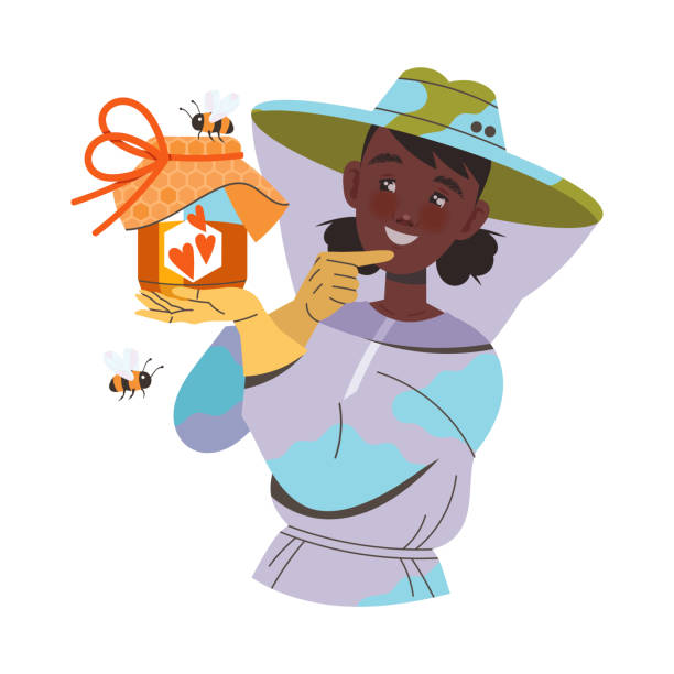 Smiling Woman Beekeeper or Apiarist Holding Jar with Sweet Liquid Honey Vector Illustration Smiling Woman Beekeeper or Apiarist Holding Jar with Sweet Liquid Honey Vector Illustration. Young Female Engaged in Apiary and Farming hiver stock illustrations