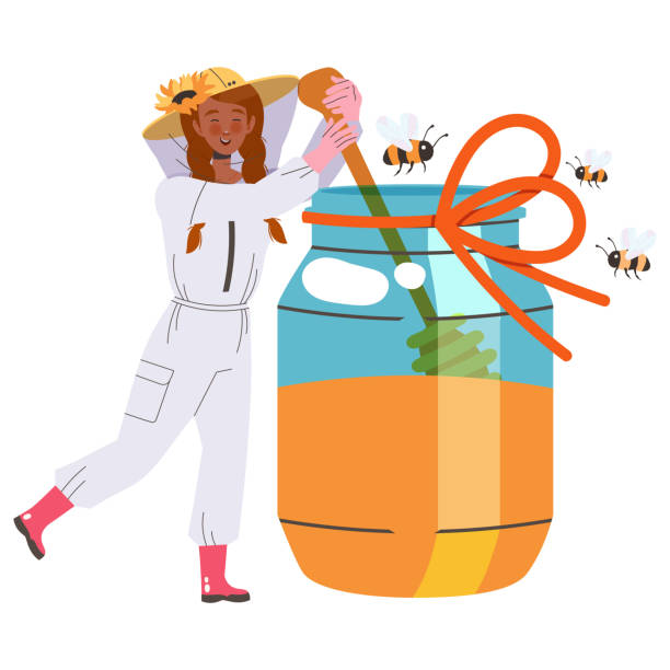 Equipped Woman Beekeeper or Apiarist Stirring Honey with Dipper in Huge Jar Vector Illustration Equipped Woman Beekeeper or Apiarist Stirring Honey with Dipper in Huge Jar Vector Illustration. Young Female Engaged in Apiary and Farming hiver stock illustrations