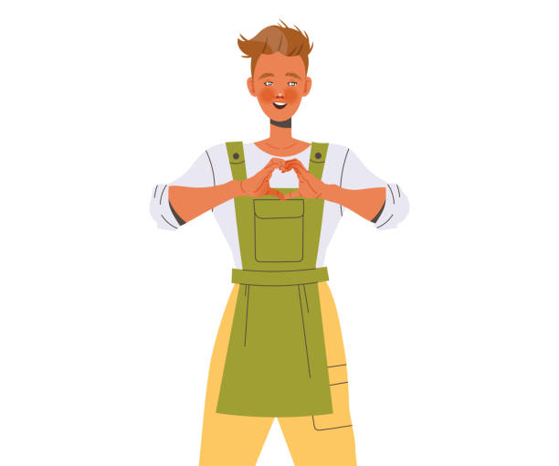 Male Beekeeper or Apiarist in Apron Showing Hand Heart Gesture and Smiling Vector Illustration Male Beekeeper or Apiarist in Apron Showing Hand Heart Gesture and Smiling Vector Illustration. Young Man Demonstrating Emotion hiver stock illustrations