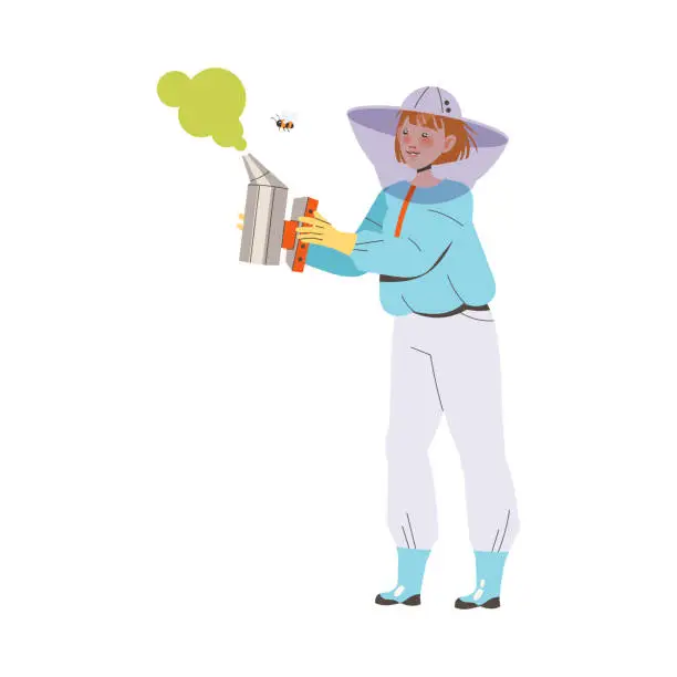 Vector illustration of Equipped Woman Beekeeper or Apiarist with Smoker Gathering Sweet Honey from Beehive Vector Illustration