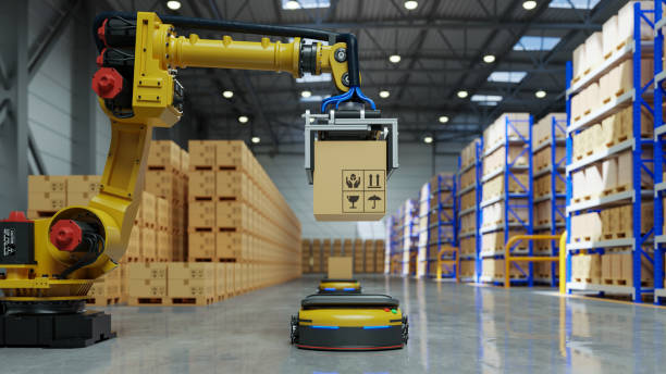 istock Factory Automation with AGV robot and robotic arm in transportation. 1455629192