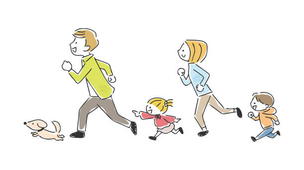 ilustraciones, imágenes clip art, dibujos animados e iconos de stock de una ilustración de una familia corriendo con una sonrisa. - two generation family illustrations