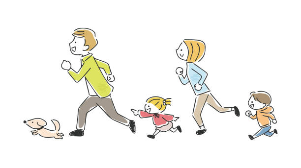 ilustracja rodziny biegnącej z uśmiechem. - two generation family illustrations stock illustrations