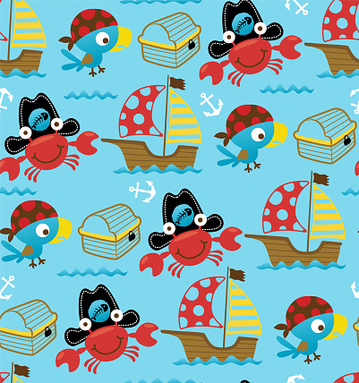 Vector seamless pattern of sailing theme cartoon with funny parrot and crab in pirates cap, pirate elements