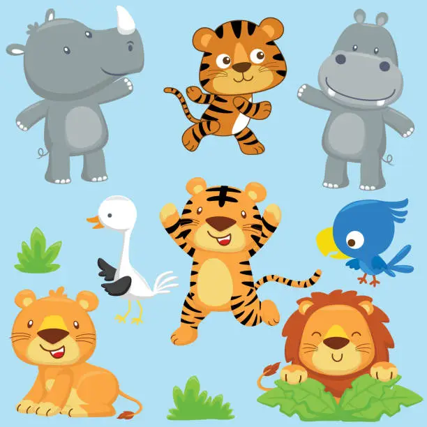 Vector illustration of Vector set of with funny animals cartoon in different activity