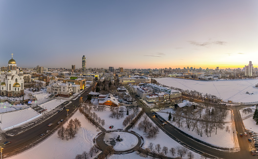 Winter Yekaterinburg and Temple on Blood in beautiful blue clear sunset. Aerial view. Yekaterinburg, Russia. Translation of the text on the temple: Honest to the Lord is death of His saints.