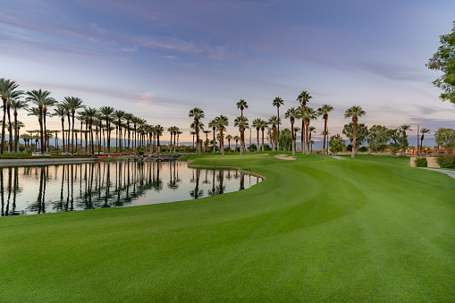 Scenic evening view of golf course with palm trees and reflection on pond