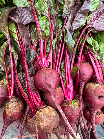 Stock photo showing a group of fresh beetroot (Beta vulgaris subsp. vulgaris), with green leaves, being sold at an outdoor fruit and vegetable market.