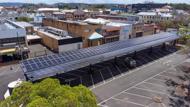 Aerial View of a Solar Powered Charging Station for Electric Car in a Carpark at Lismore, NSW, Australia