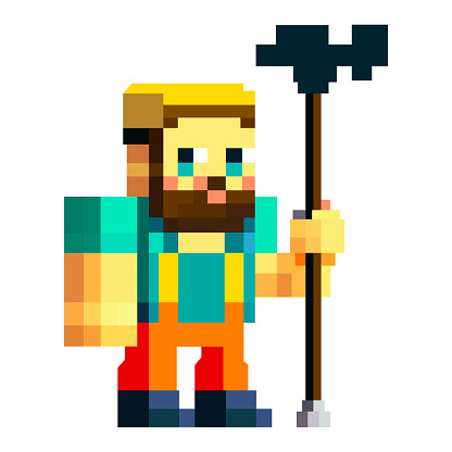 pixelated man in work uniform and with a staff in his hand. character from 8 bit game. flat vector illustration