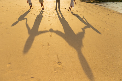A family of 4, father, mother, son, daughter, standing hand in hand on the sandy beach. There is a shadow cast on the sand silhouette by the sea, warm and full of love energy