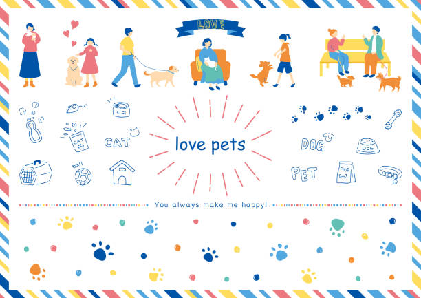 набор иллюстраций людей, живущих с домашними животными, и фон с отпечатком лап - dog spotted purebred dog kennel stock illustrations