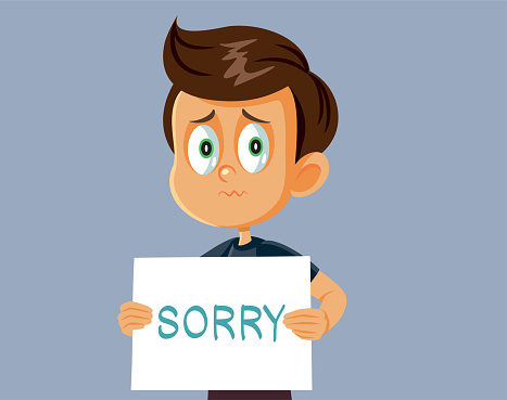 Sad child experiencing regret begging for forgiveness with sorry sign
