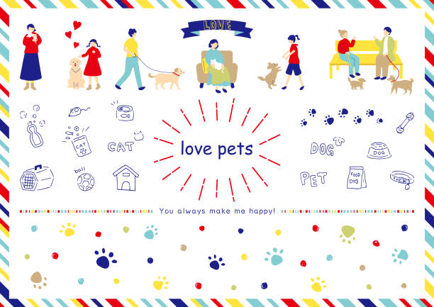 ilustrações de stock, clip art, desenhos animados e ícones de set illustration of people living with pets and paw print backdrop - dog spotted purebred dog kennel