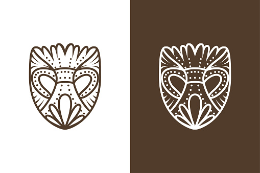 ancient mask icon branding template design. flat color. like a shield shape icon. combination brown and white color