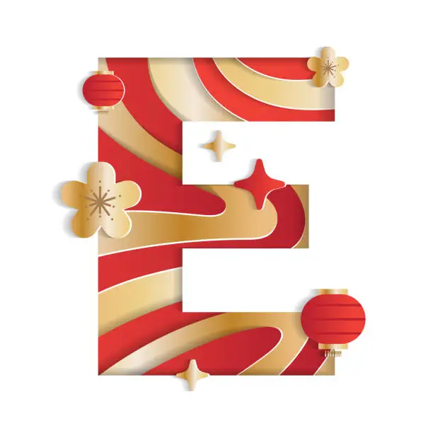 Vector illustration of Letter E Alphabet Font Chinese New Year Concept Character Font Letter Abstract Paper Flower Lantern Lunar Festival Element Sparkle Gradient Red Gold 3D Paper Layer Cutout Card Vector Illustration