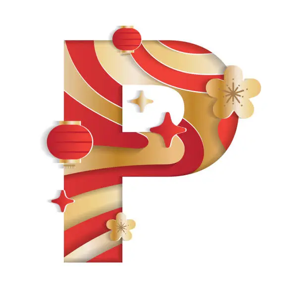 Vector illustration of Letter P Alphabet Font Chinese New Year Concept Character Font Letter Abstract Paper Flower Lantern Lunar Festival Element Sparkle Gradient Red Gold 3D Paper Layer Cutout Card Vector Illustration