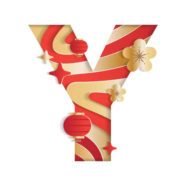 Vector illustration of Letter Y Alphabet Font Chinese New Year Concept Character Font Letter Abstract Paper Flower Lantern Lunar Festival Element Sparkle Gradient Red Gold 3D Paper Layer Cutout Card Vector Illustration