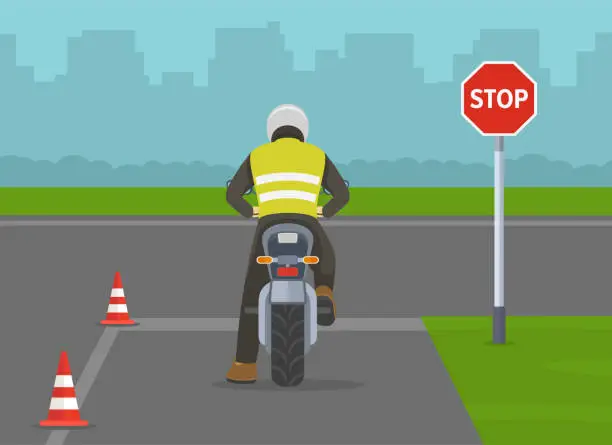 Vector illustration of Motorcycle driving practice. Learner motorcyclist stopped at 