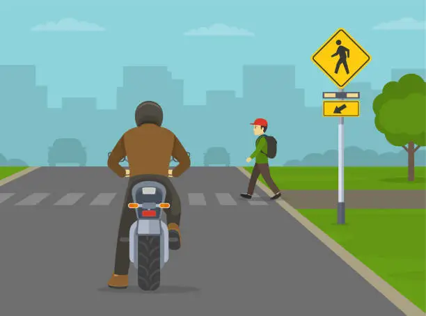 Vector illustration of Back view of a motorcyclist stopped at crosswalk. Male kid on pedestrian crossing.