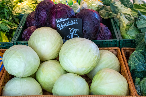 White and red cabbage for sale at a market