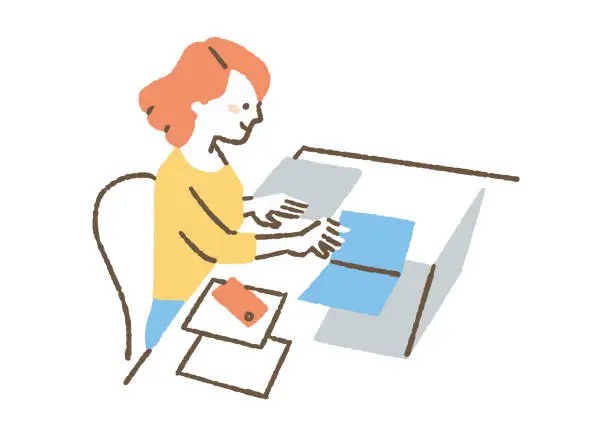 Vector illustration of Woman looking at materials at work_color