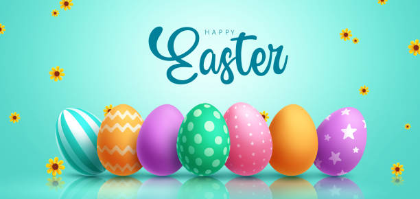 Happy easter text vector design. Easter greeting card with colorful. Happy easter text vector design. Easter greeting card with colorful and pattern eggs for spring holiday season background. Vector Illustration. holiday vacations party mirrored pattern stock illustrations