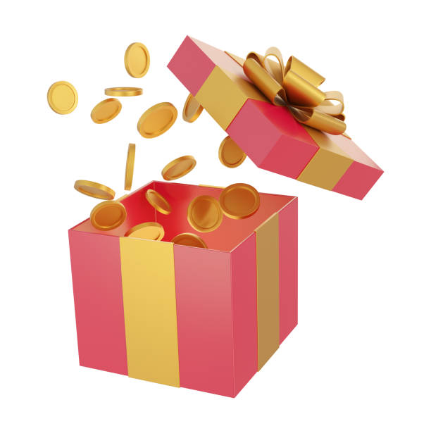 istock 3d rendering promotion gold coins in gift box 1455654226